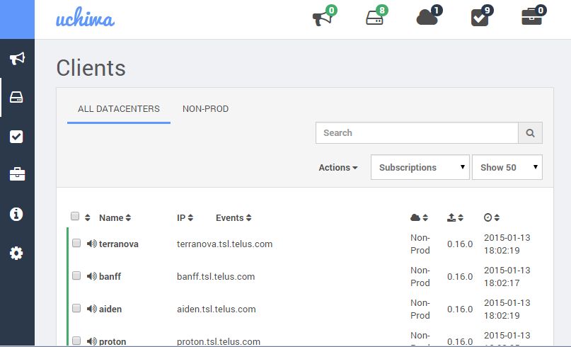 Screenshot of the Uchiwa web interface showing a list of clients with details like name, IP, events, environment, and creation date.