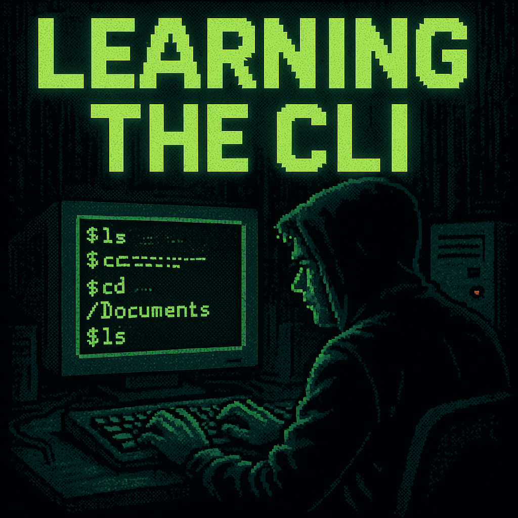 a title screen of someone learning the cli in a classic 90s hacking style