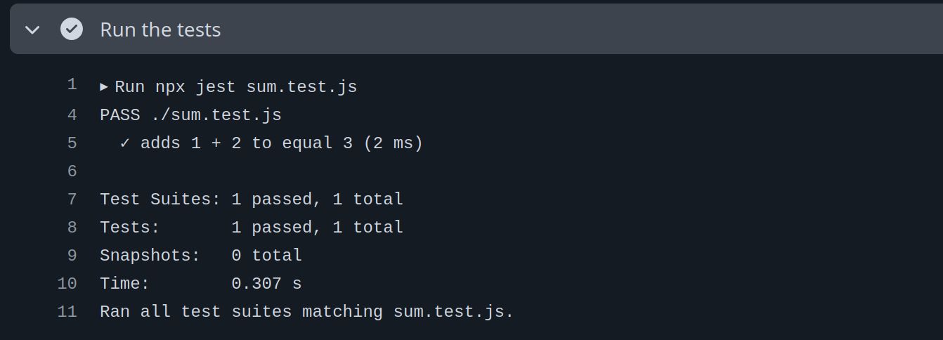 Github actions showing a test run