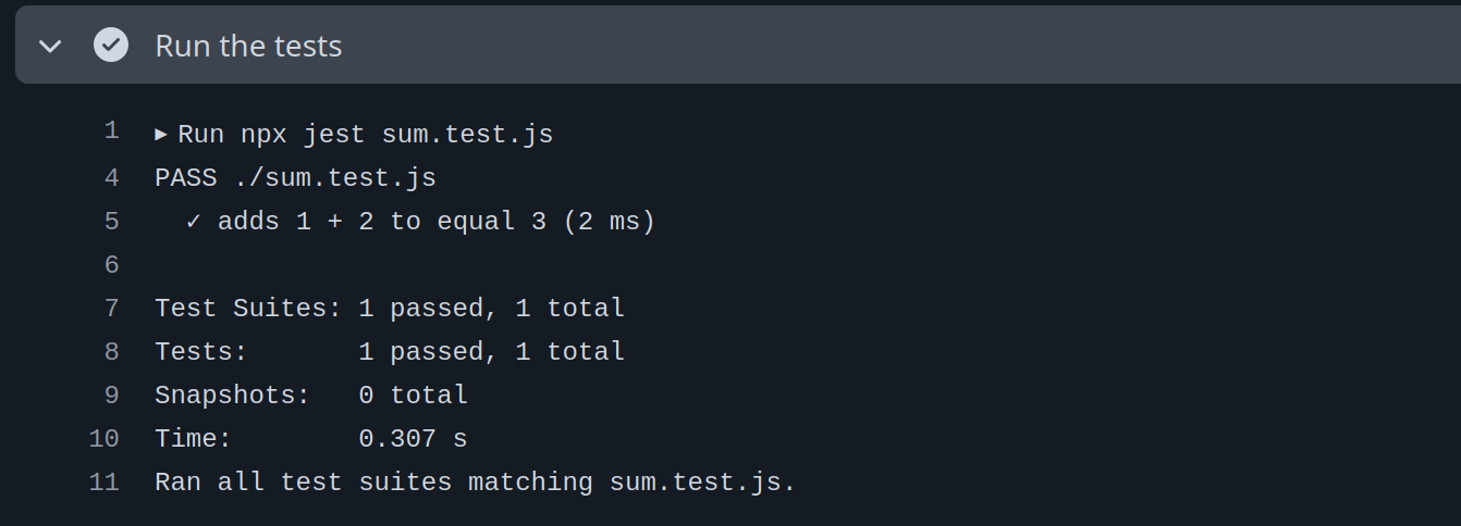 Github actions showing a test run